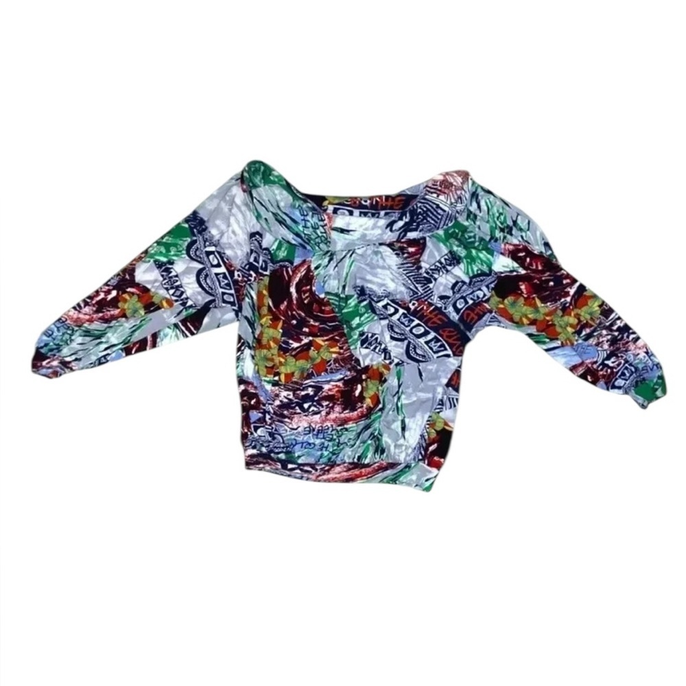 Artsy Floral Hawaiian Print Cotton Jersey Knit Off The Shoulder Top Blouse
